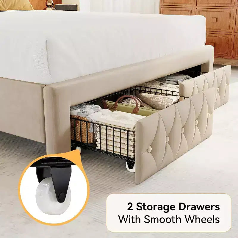 Telaio letto Queen con testiera a tutta altezza ad ala e 2 cassetti – Beige / Oro / Grigio