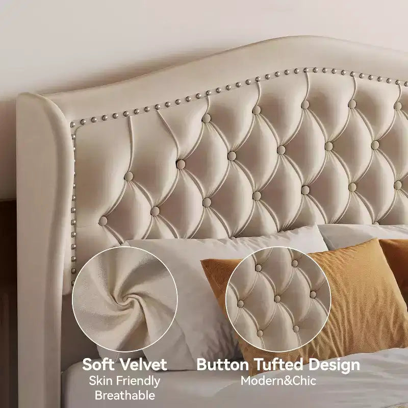 Telaio letto Queen con testiera a tutta altezza ad ala e 2 cassetti – Beige / Oro / Grigio