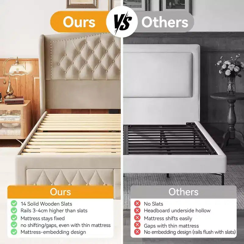 Telaio letto Queen con testiera a tutta altezza ad ala e 2 cassetti – Beige / Oro / Grigio