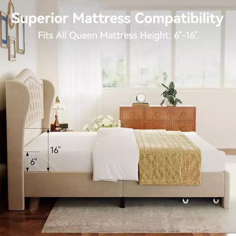 Telaio letto Queen con testiera a tutta altezza ad ala e 2 cassetti – Beige / Oro / Grigio
