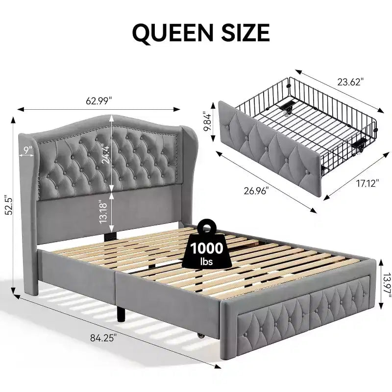 Telaio letto Queen con testiera a tutta altezza ad ala e 2 cassetti – Beige / Oro / Grigio
