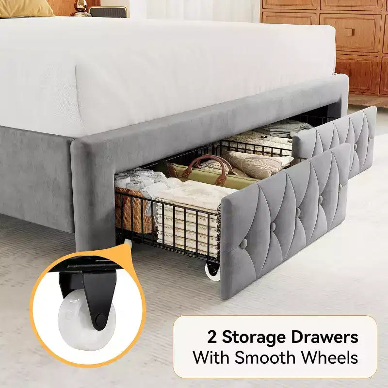 Telaio letto Queen con testiera a tutta altezza ad ala e 2 cassetti – Beige / Oro / Grigio