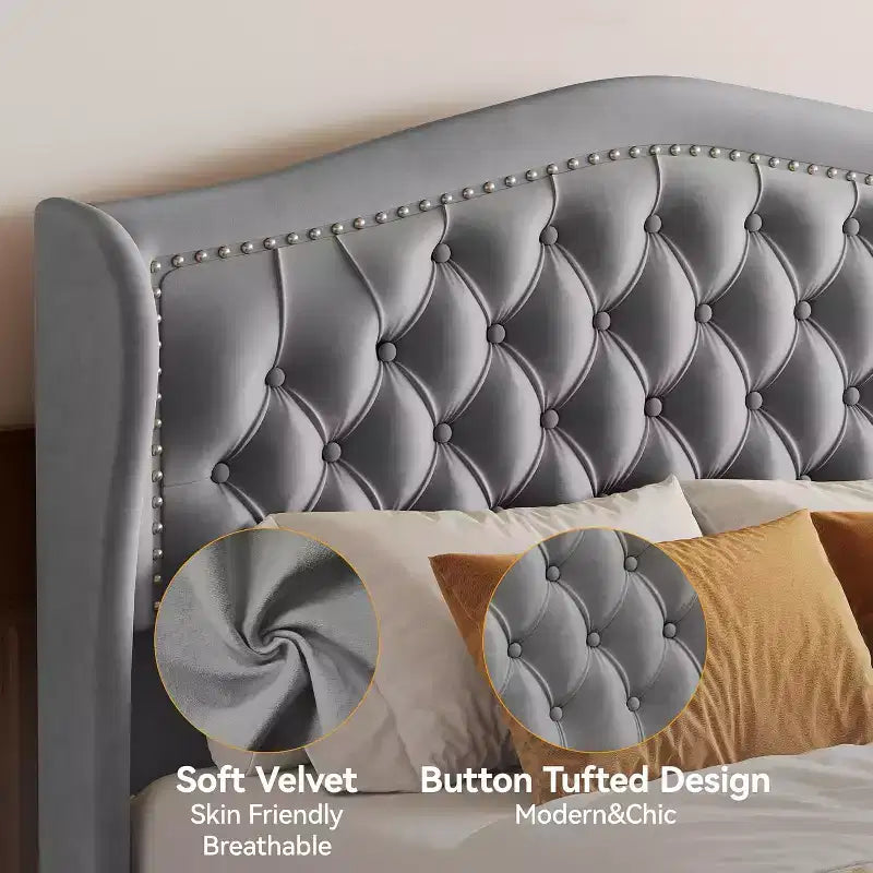 Telaio letto Queen con testiera a tutta altezza ad ala e 2 cassetti – Beige / Oro / Grigio