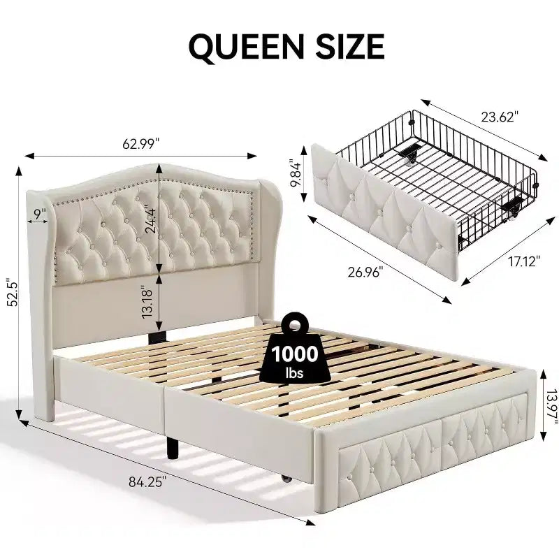 Telaio letto Queen con testiera a tutta altezza ad ala e 2 cassetti – Beige / Oro / Grigio