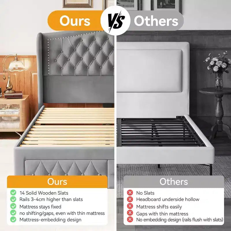 Telaio letto Queen con testiera a tutta altezza ad ala e 2 cassetti – Beige / Oro / Grigio