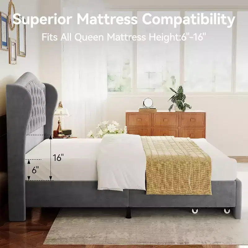 Telaio letto Queen con testiera a tutta altezza ad ala e 2 cassetti – Beige / Oro / Grigio