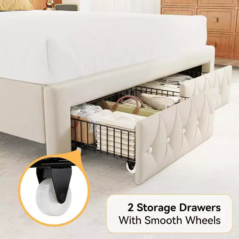 Telaio letto Queen con testiera a tutta altezza ad ala e 2 cassetti – Beige / Oro / Grigio