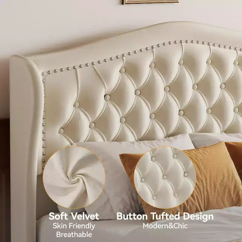 Telaio letto Queen con testiera a tutta altezza ad ala e 2 cassetti – Beige / Oro / Grigio