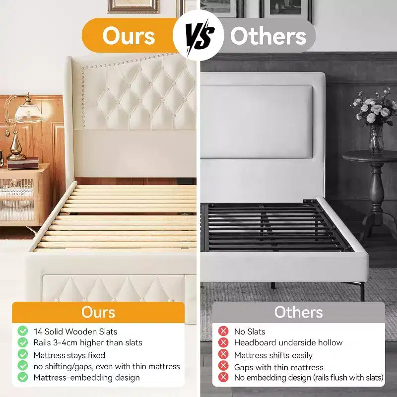 Telaio letto Queen con testiera a tutta altezza ad ala e 2 cassetti – Beige / Oro / Grigio