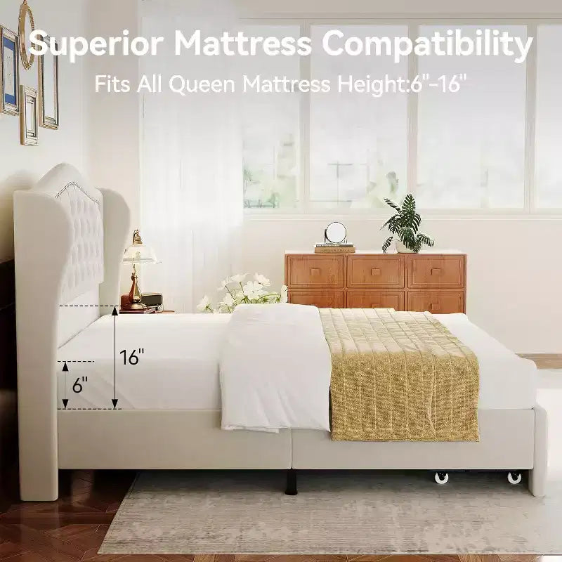Telaio letto Queen con testiera a tutta altezza ad ala e 2 cassetti – Beige / Oro / Grigio