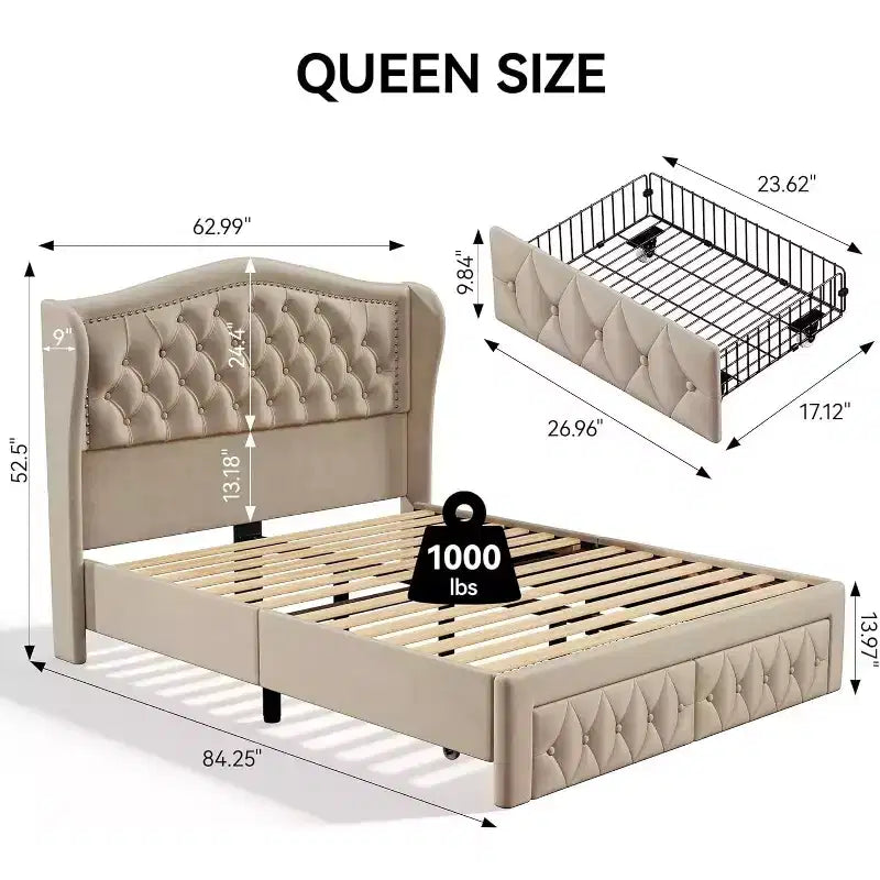 Telaio letto Queen con testiera a tutta altezza ad ala e 2 cassetti – Beige / Oro / Grigio