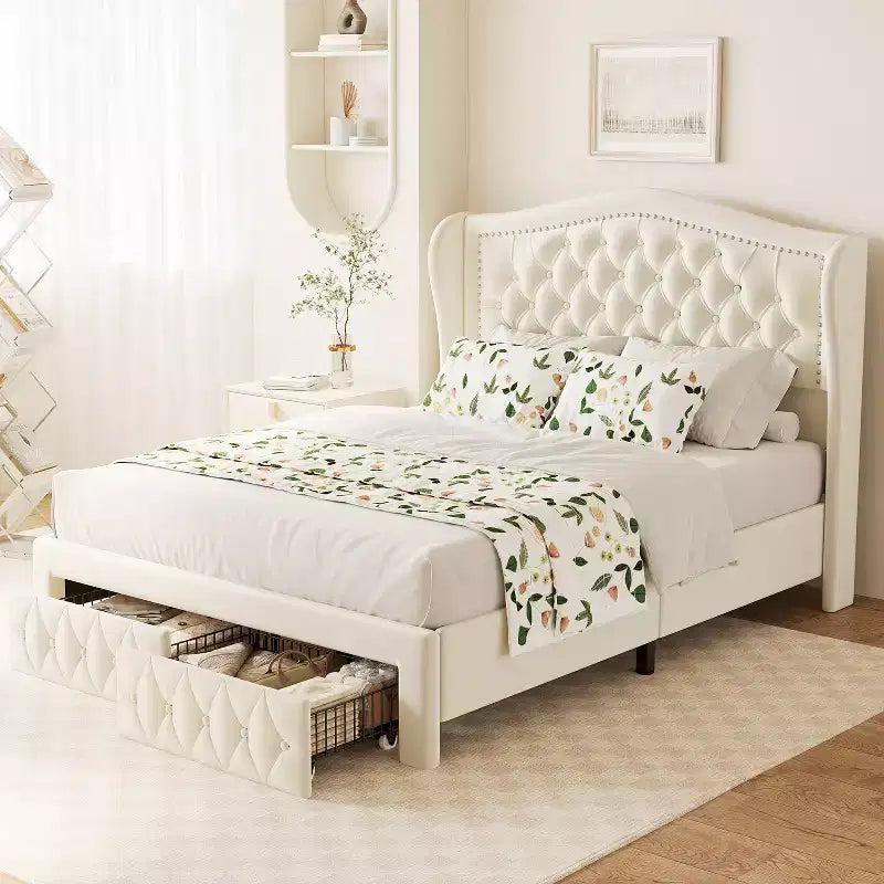 Dyonery Queen Velvet Bed Frame, 52.6 Wingback Tufted Headboard, 2 Drawers, No Box Spring