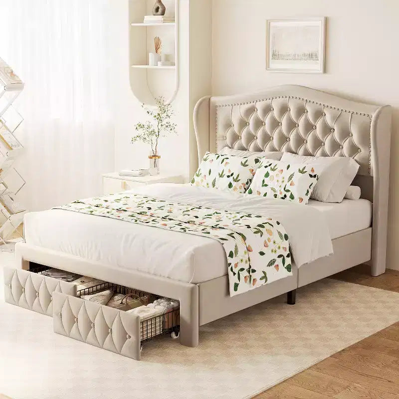Telaio letto Queen con testiera a tutta altezza ad ala e 2 cassetti – Beige / Oro / Grigio