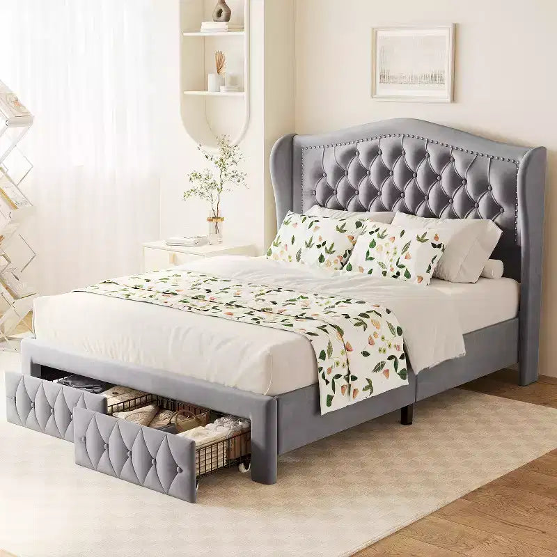 Telaio letto Queen con testiera a tutta altezza ad ala e 2 cassetti – Beige / Oro / Grigio