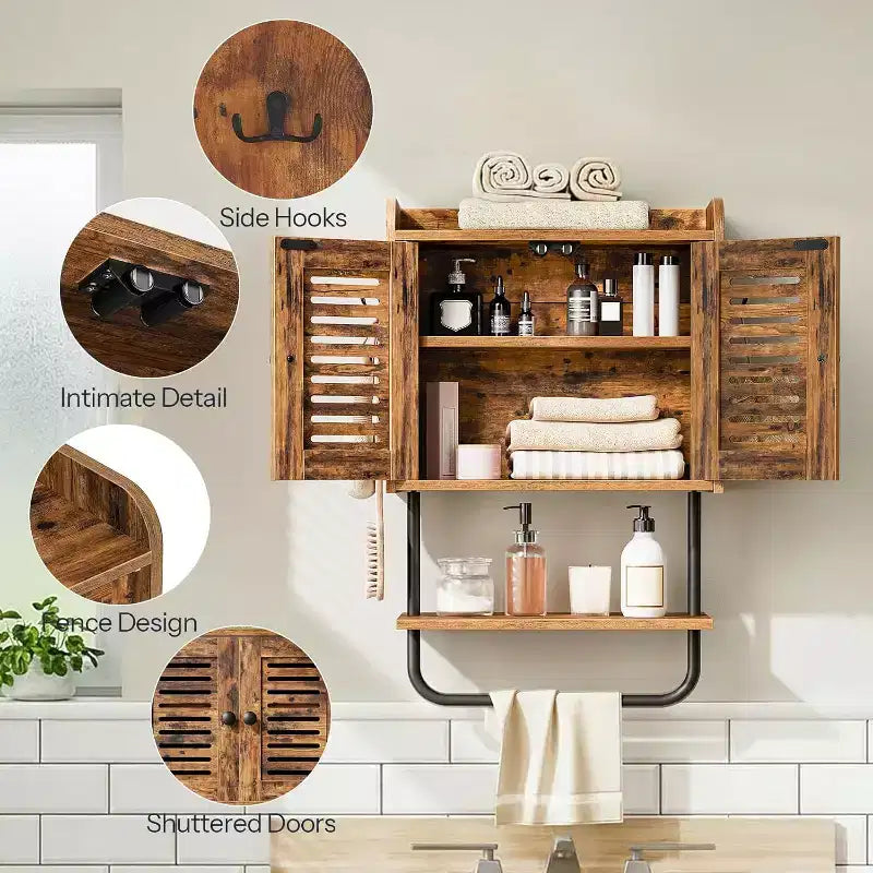 Mobiletto da Bagno a Muro Marrone Rustico+Nero / Bianco+Nero, Doppia Anta, per 1 Persona