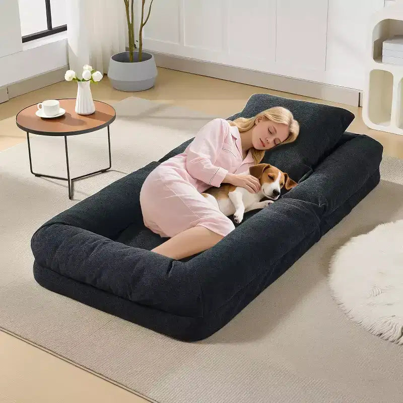 Divano Letto Convertibile in ciniglia con Schienale a 5 Posizioni, per 1-2 Persone e Animali Domestici – Beige / Nero / Marrone