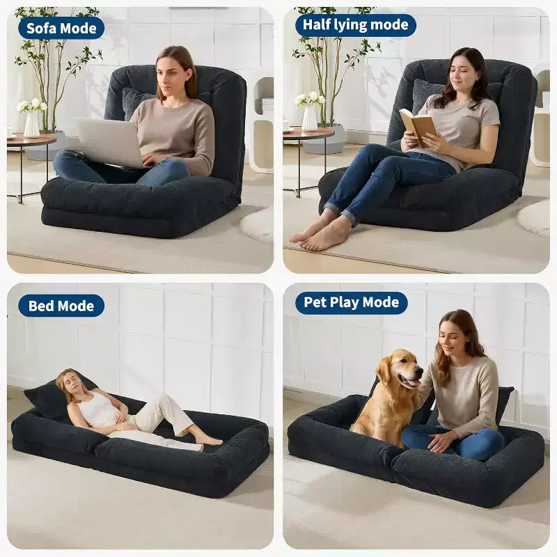 Divano Letto Convertibile in ciniglia con Schienale a 5 Posizioni, per 1-2 Persone e Animali Domestici – Beige / Nero / Marrone