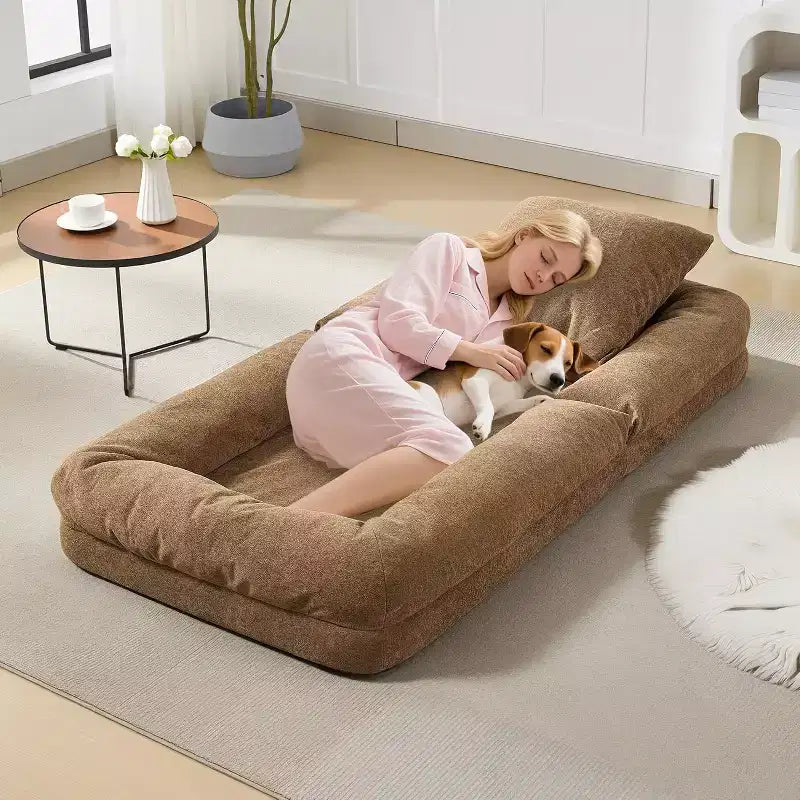 Divano Letto Convertibile in ciniglia con Schienale a 5 Posizioni, per 1-2 Persone e Animali Domestici – Beige / Nero / Marrone
