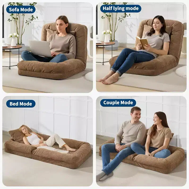 Divano Letto Convertibile in ciniglia con Schienale a 5 Posizioni, per 1-2 Persone e Animali Domestici – Beige / Nero / Marrone