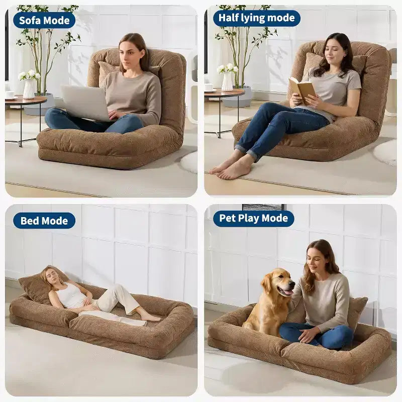 Divano Letto Convertibile in ciniglia con Schienale a 5 Posizioni, per 1-2 Persone e Animali Domestici – Beige / Nero / Marrone