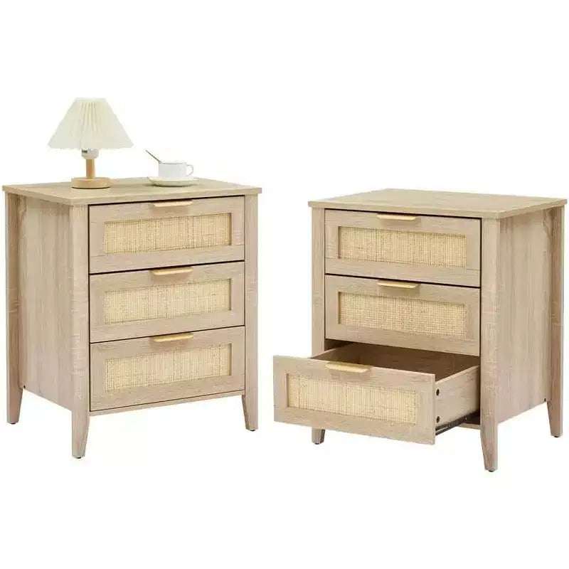 2 Pack Rattan Nightstand, 3 Natural Rattan Drawers, Farmhouse Style, Sturdy Wood Legs, Modern Side Table with Storage