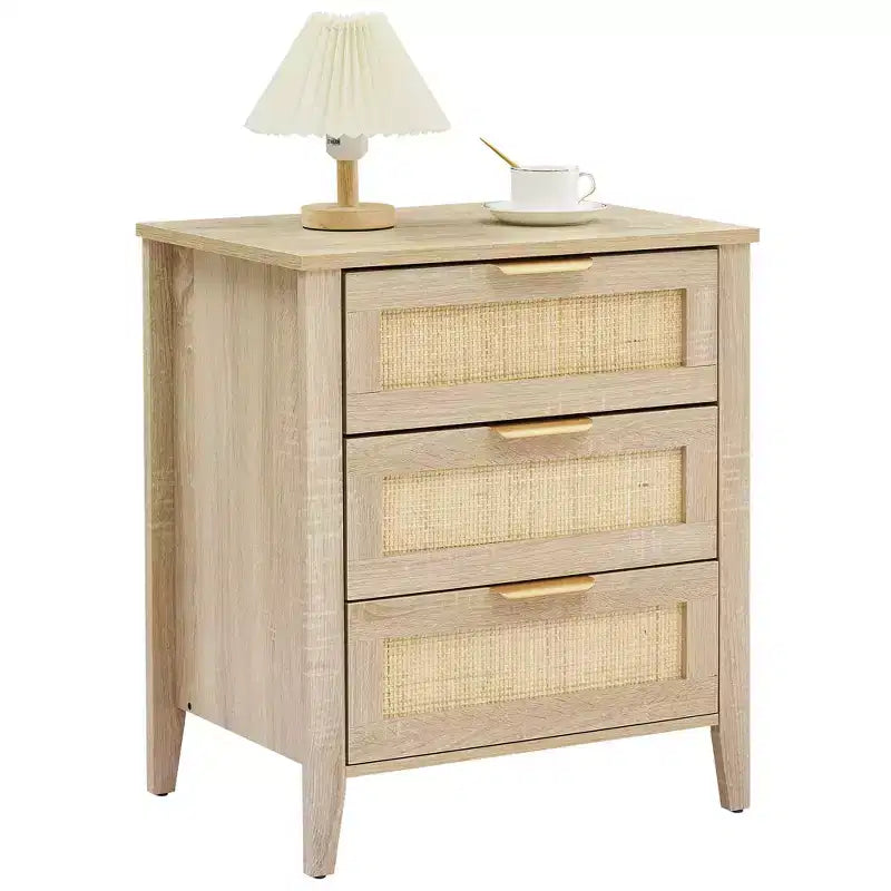 Comodino beige in rattan a 3 cassetti, stile rustico, set da 2