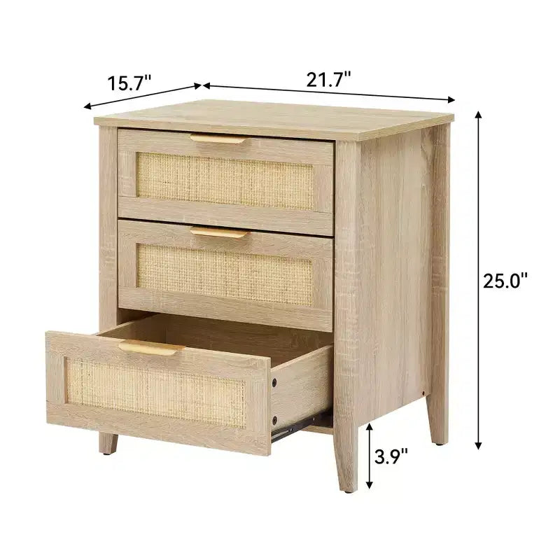 Comodino beige in rattan a 3 cassetti, stile rustico, set da 2