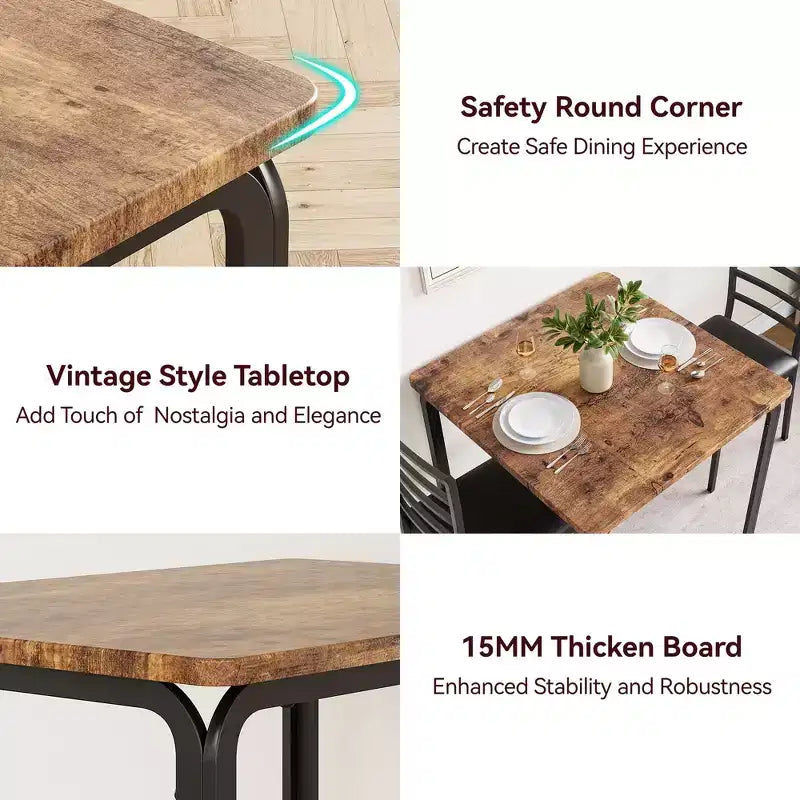 Set da pranzo quadrato in metallo nero e legno per 2 persone, 3 pezzi