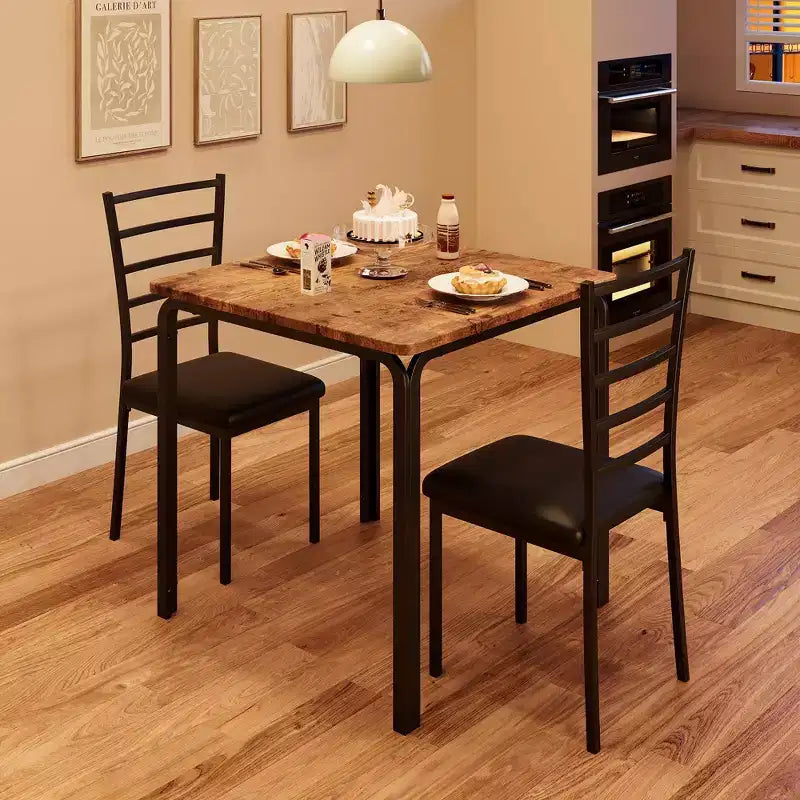 Set da pranzo quadrato in metallo nero e legno per 2 persone, 3 pezzi