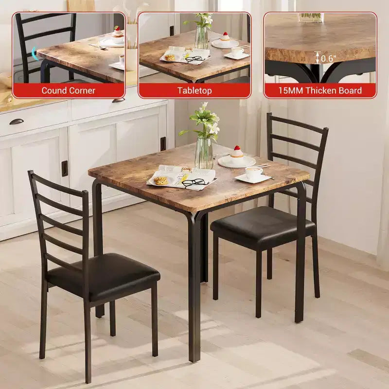 Set da pranzo quadrato in metallo nero e legno per 2 persone, 3 pezzi