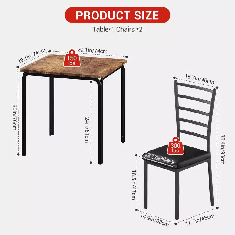 Set da pranzo quadrato in metallo nero e legno per 2 persone, 3 pezzi