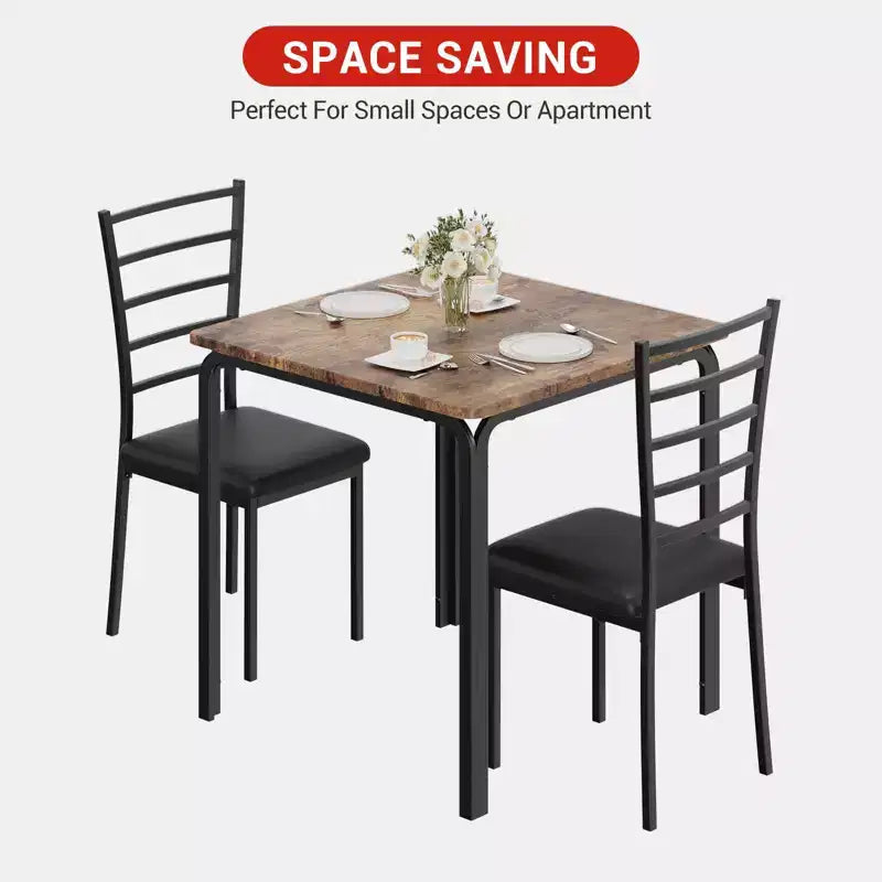 Set da pranzo quadrato in metallo nero e legno per 2 persone, 3 pezzi