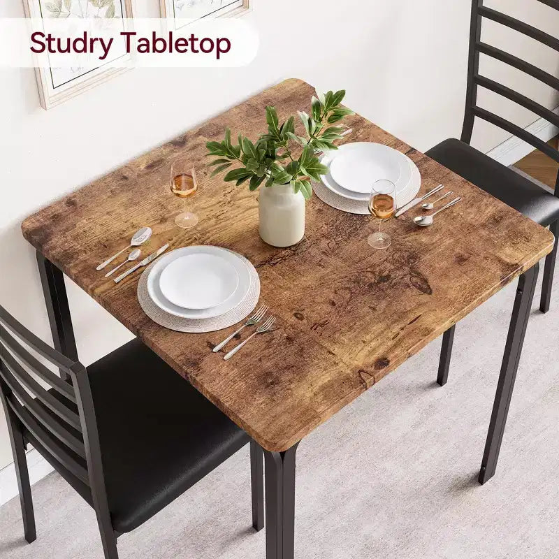 Set da pranzo quadrato in metallo nero e legno per 2 persone, 3 pezzi