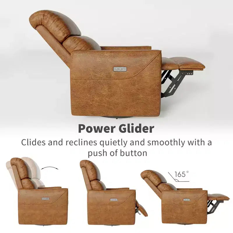 Poltrona reclinabile girevole elettrica monoposto in similpelle marrone con porta USB