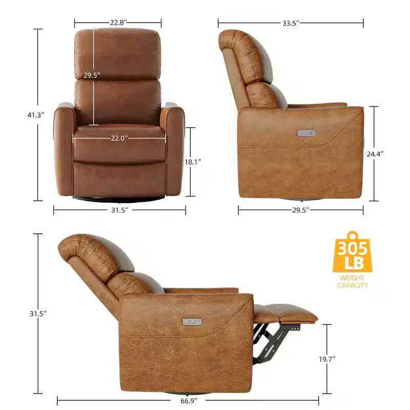 Poltrona reclinabile girevole elettrica monoposto in similpelle marrone con porta USB