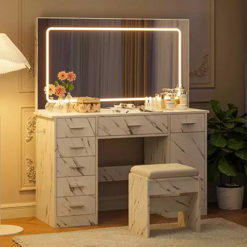 Modern Vanity Desk with Large Mirror, 7 Drawers, LED Lights, Chair, 3 Light Modes, Hair Dryer Holder and Charging Station for Bedroom