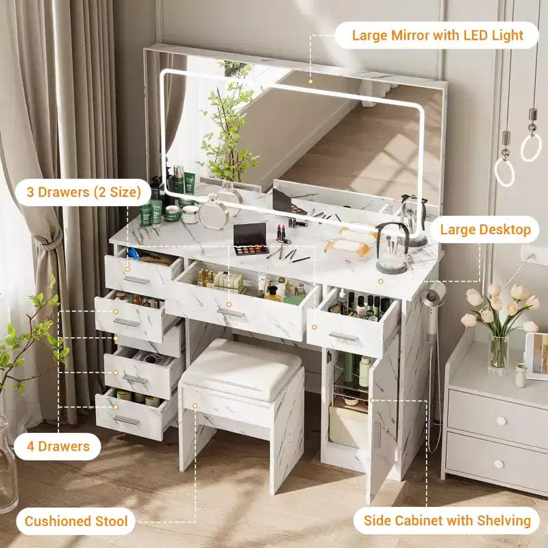 Set scrivania da trucco moderna bianca con LED, specchio, 7 cassetti e sedia, 1 persona