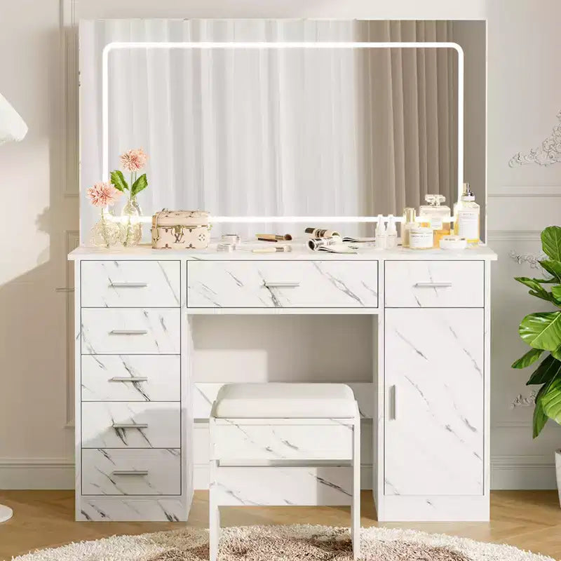 Set scrivania da trucco moderna bianca con LED, specchio, 7 cassetti e sedia, 1 persona