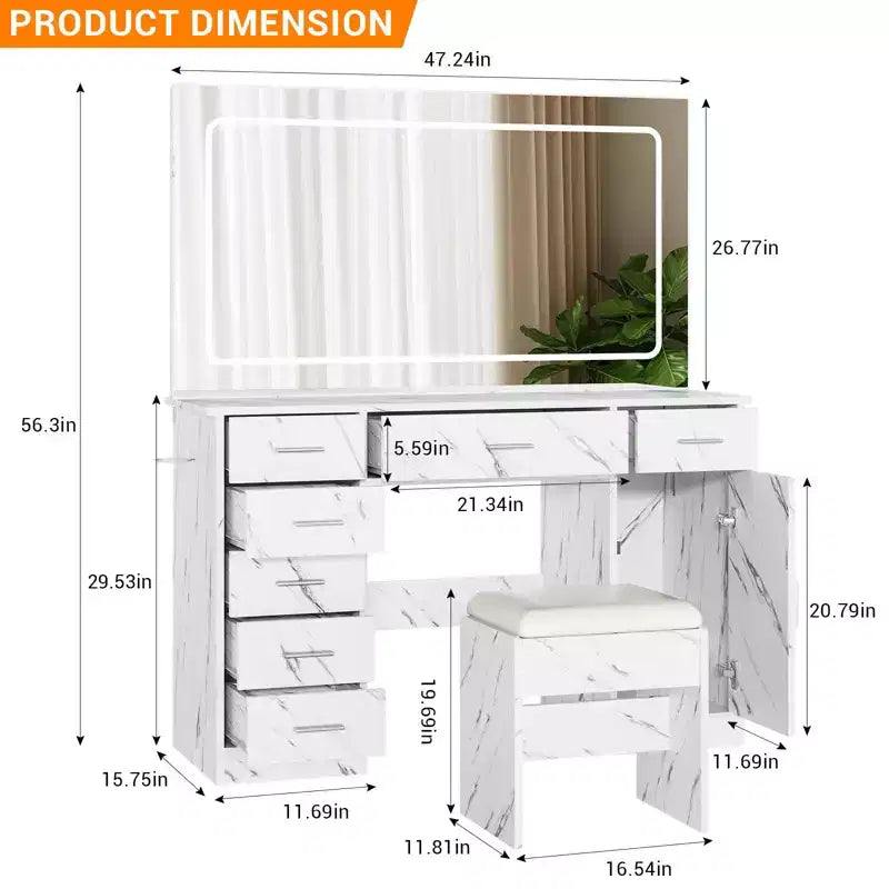 Set scrivania da trucco moderna bianca con LED, specchio, 7 cassetti e sedia, 1 persona