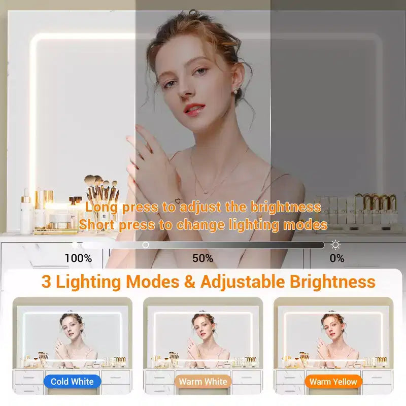 Set scrivania da trucco moderna bianca con LED, specchio, 7 cassetti e sedia, 1 persona