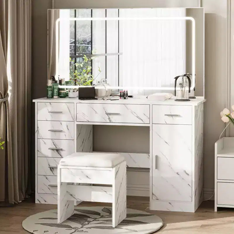 Set scrivania da trucco moderna bianca con LED, specchio, 7 cassetti e sedia, 1 persona