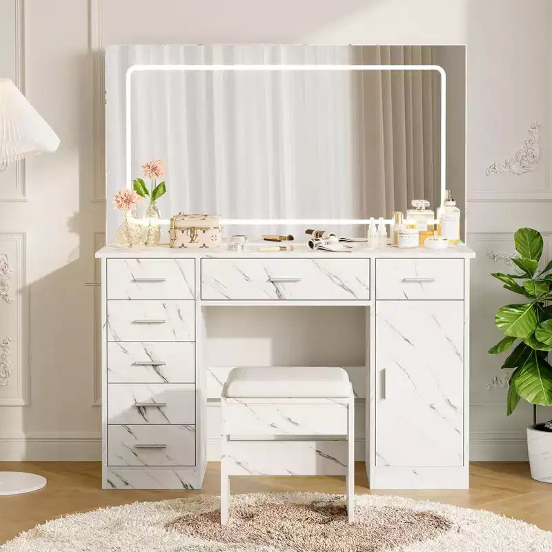Set scrivania da trucco moderna bianca con LED, specchio, 7 cassetti e sedia, 1 persona
