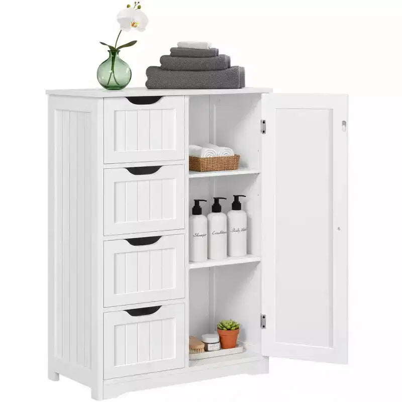 Dcolora Wood Floor Cabinet with 4 Drawers & Cupboard, Freestanding Bathroom Storage Cabinet