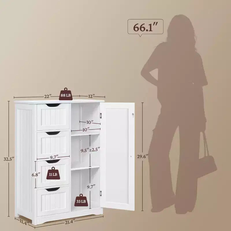 Mobiletto da bagno bianco indipendente con 4 cassetti e armadietto