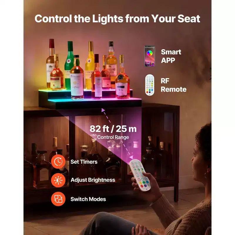 Espositore a 2 livelli per bottiglie di liquori con luci LED, bicolore bianco e nero, capacità 14-20 bottiglie