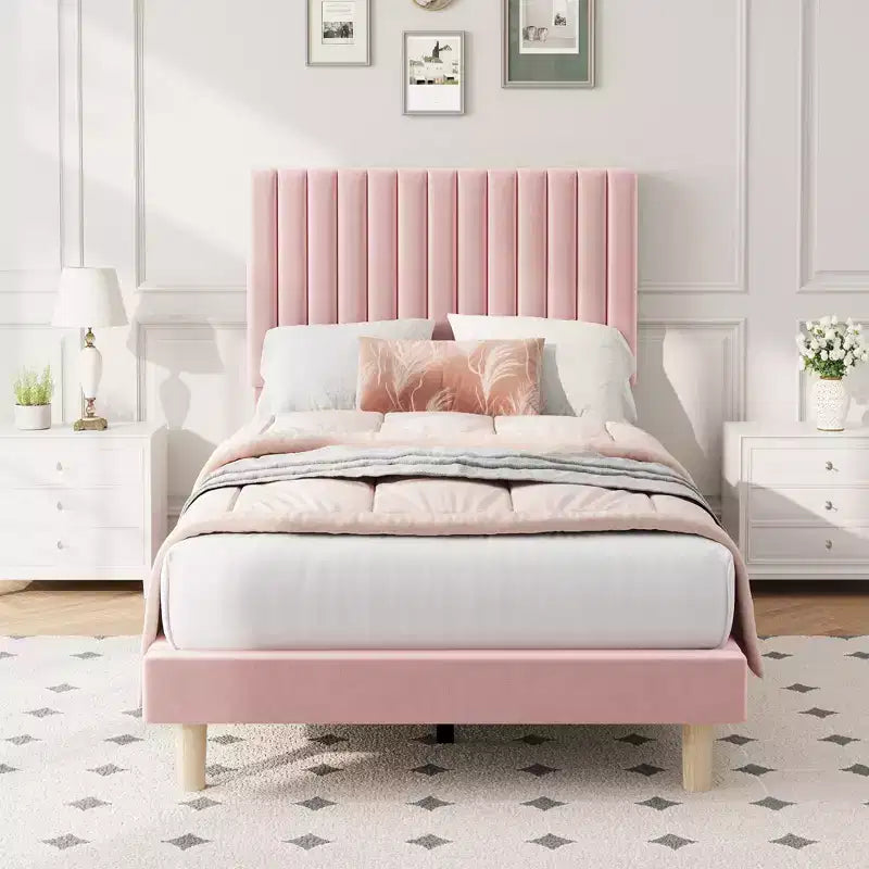 Letto imbottito in velluto beige/nero/grigio/rosa, singolo, set da 2