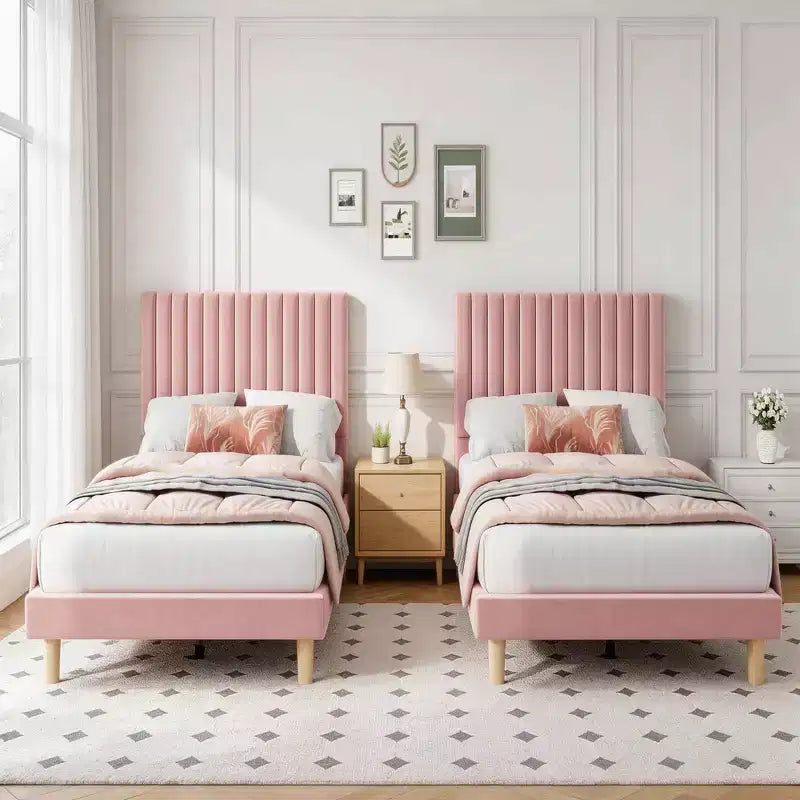 Letto imbottito in velluto beige/nero/grigio/rosa, singolo, set da 2
