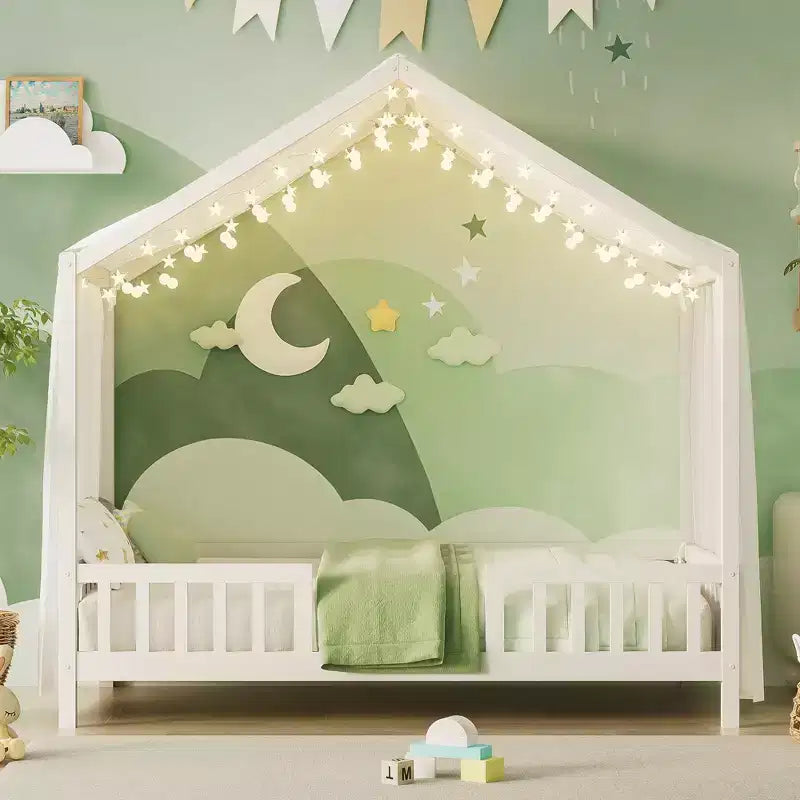 JVNOXK Montessori Floor Bed with Canopy Double Bed Frame, House-Shaped Toddler Bed Frame with High Guardrails, White