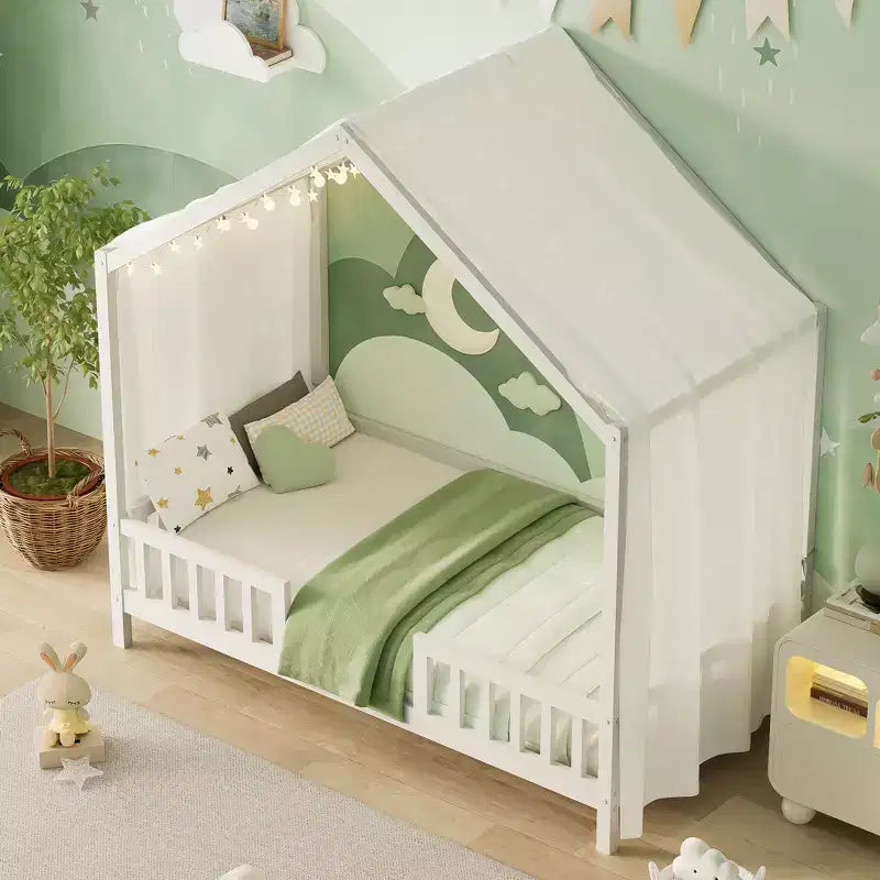 Letto a baldacchino a forma di Casa Bianca con sponde, singolo, 1 bambino