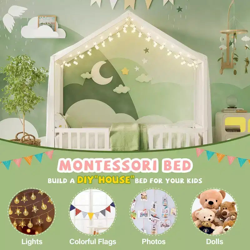 Letto a baldacchino a forma di Casa Bianca con sponde, singolo, 1 bambino